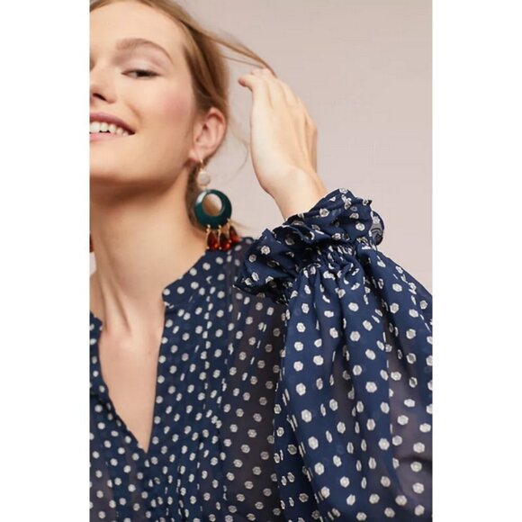 💕ANTHROPOLOGY CURRENT AIR💕 Bosworth Polka Dot Blouse ~ Navy Blue Large - Picture 4 of 13